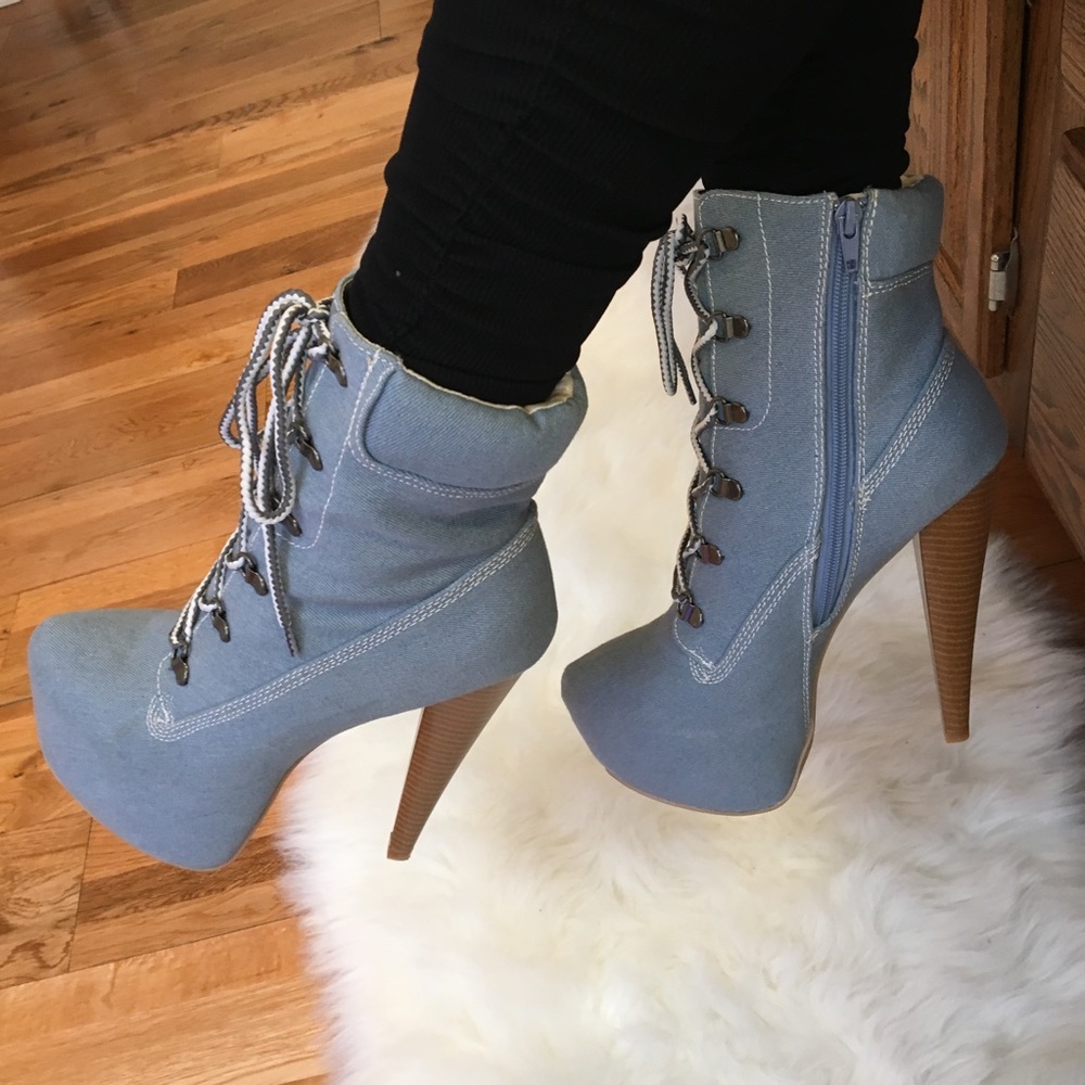 Denim platform stiletto work bootie